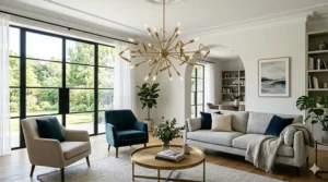 A minimalist sputnik-style chandelier in a contemporary living space.