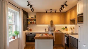 Slim black track lighting system directed toward prep areas in a narrow galley kitchen.