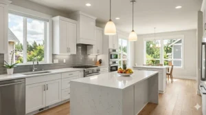 A bright kitchen island setup featuring neutral white 3000K lighting for a clean, inviting look.