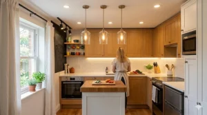 Minimalist glass pendant lights hanging over a small kitchen island to create a focal point without blocking sightlines.
