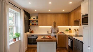 Layout of recessed pot lights in a small kitchen ceiling providing even, unobtrusive ambient illumination.