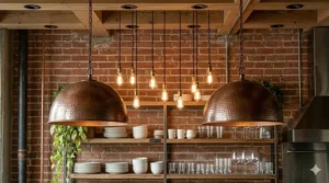 Integrated recessed lighting paired with decorative industrial steel accents in a contemporary kitchen.