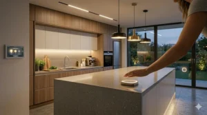 Vibrant RGB smart kitchen lighting displaying purple and blue hues for a dinner party ambiance.