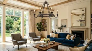 Distressed wood and wrought iron chandelier adding a farmhouse aesthetic to a cozy family living area.