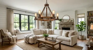 Rustic wood and metal affordable living room chandeliers perfect for a farmhouse-style interior.