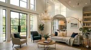 An illustration showing why a small chandelier looks undersized in a large living area.