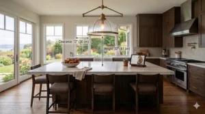 Illustration of a single oversized pendant light centered over a small square kitchen island.