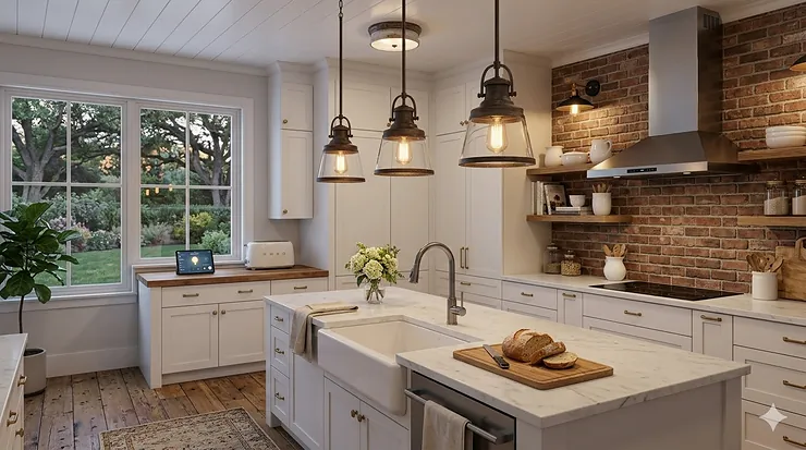 A modern farmhouse kitchen featuring voice-controlled smart pendant lights over a white marble island. farmhouse kitchen lighting fixtures