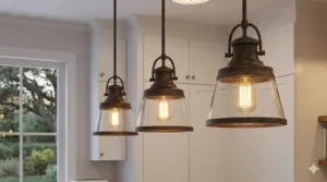 Rustic black metal pendant lights with smart dimming bulbs over a farmhouse sink.