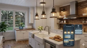 A smartphone interface controlling the brightness of farmhouse style kitchen lanterns.