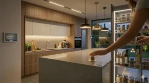 Discreet motion sensor triggering smart kitchen lighting as someone enters the room at night.