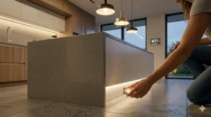 Stylish smart kitchen lighting featuring three decorative pendant bulbs over a marble island.