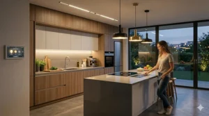 A person using a smartphone app to dim and change the color temperature of smart kitchen lighting.