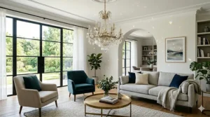 A classic tiered crystal chandelier providing elegant lighting in a formal living room.