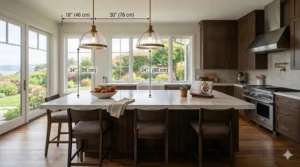 A diagram explaining how to space two pendant lights evenly over a 6-foot kitchen island.