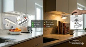 Diagram showing hardwired halogen fixtures versus easy-to-install adhesive LED tape lights.