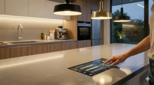 Smart speaker on a kitchen counter controlling overhead smart kitchen lighting via voice command.