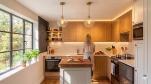 Adjustable swing-arm wall sconces providing task lighting over a small kitchen sink area.