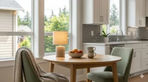 An illustration of a cozy breakfast nook using warm white color temperature for kitchen lighting.