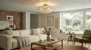 Art Deco-inspired glass disk chandelier mounted flush to the ceiling for a high-end look in a small space.