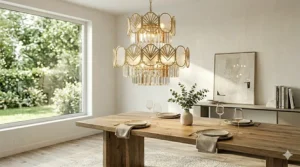 Elegant Art Deco inspired modern brass chandelier with tiered glass panels.