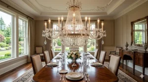 Digital rendering of the best crystal chandeliers centered over a mahogany dining table.