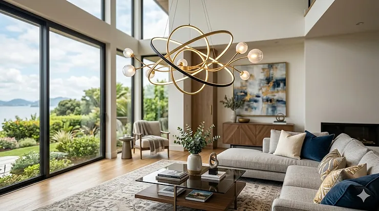 A high-end living room featuring one of the best modern chandeliers with a sculptural gold finish and integrated LED rings.