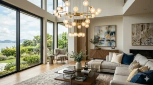 Large multi-tier modern chandelier with frosted glass globes illuminating a contemporary living space.