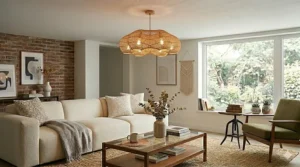 Low profile woven rattan chandelier adding texture to a bohemian living room with limited head height.