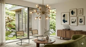 Close-up of the brushed brass finish and vintage-style hardware on a mid-century modern chandelier.