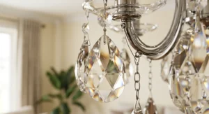 Close-up detail of high-quality K9 glass droplets on an affordable crystal chandelier.