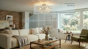 An illustration showing the ideal hanging height for a living room chandelier when working with low ceilings.