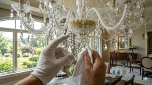 Close-up illustration of a hand wearing a white cotton glove gently wiping a crystal prism.