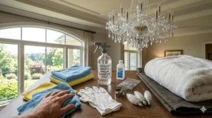 A collection of cleaning supplies including microfiber cloths, white vinegar, and distilled water.
