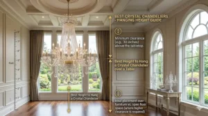 A technical illustration guide on the best height to hang a crystal chandelier in a home.