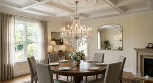 Round dining table centered under a sparkling yet affordable crystal chandelier.