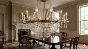 Illustration of a classic empire style crystal chandelier for traditional dining rooms.