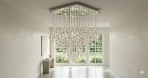 Square flush mount raindrop crystal chandelier for rooms with low ceilings.