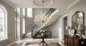 Grand entryway featuring a multi-tier affordable crystal chandelier to create a stunning first impression.