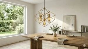 Modern brass chandelier featuring a geometric gold frame and Edison bulbs.