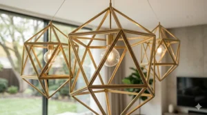Close-up of a modern geometric chandelier with a brushed gold finish and LED accents.