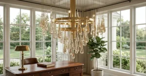 Elegant gold-finished raindrop crystal chandelier featuring amber-tinted glass beads.