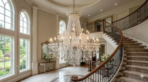 A high-ceiling foyer decorated with a large, sparkling crystal chandelier.