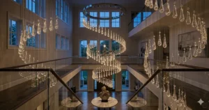 An illuminated raindrop crystal chandelier casting a warm glow and light patterns on the walls.