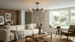 Industrial style matte black linear chandelier designed for low clearance living room seating areas.