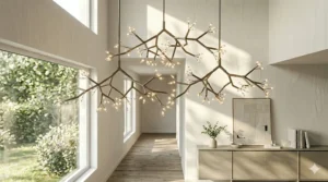 High-ceiling entryway featuring a large multi-tier modern brass chandelier.