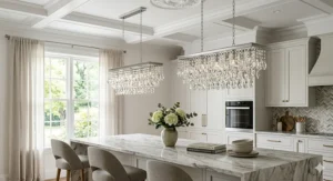 Rectangular affordable crystal chandeliers hung in a row over a modern marble kitchen island.