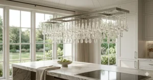 Linear raindrop crystal chandelier designed for placement above a kitchen island or breakfast bar.