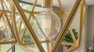 Side perspective of a modern geometric chandelier reflecting in a living room wall mirror.