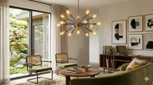 Minimalist living room featuring a black and gold mid-century modern chandelier as a focal point.